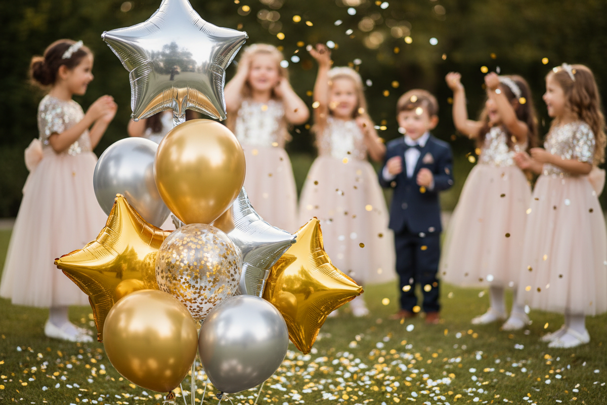 des ballons par terre doré et argentré avec paillette illustrant une fête, des enfants avec vetements festives de ceremonie qui jouent en arriere plan, zoomer sur les ballons surtout