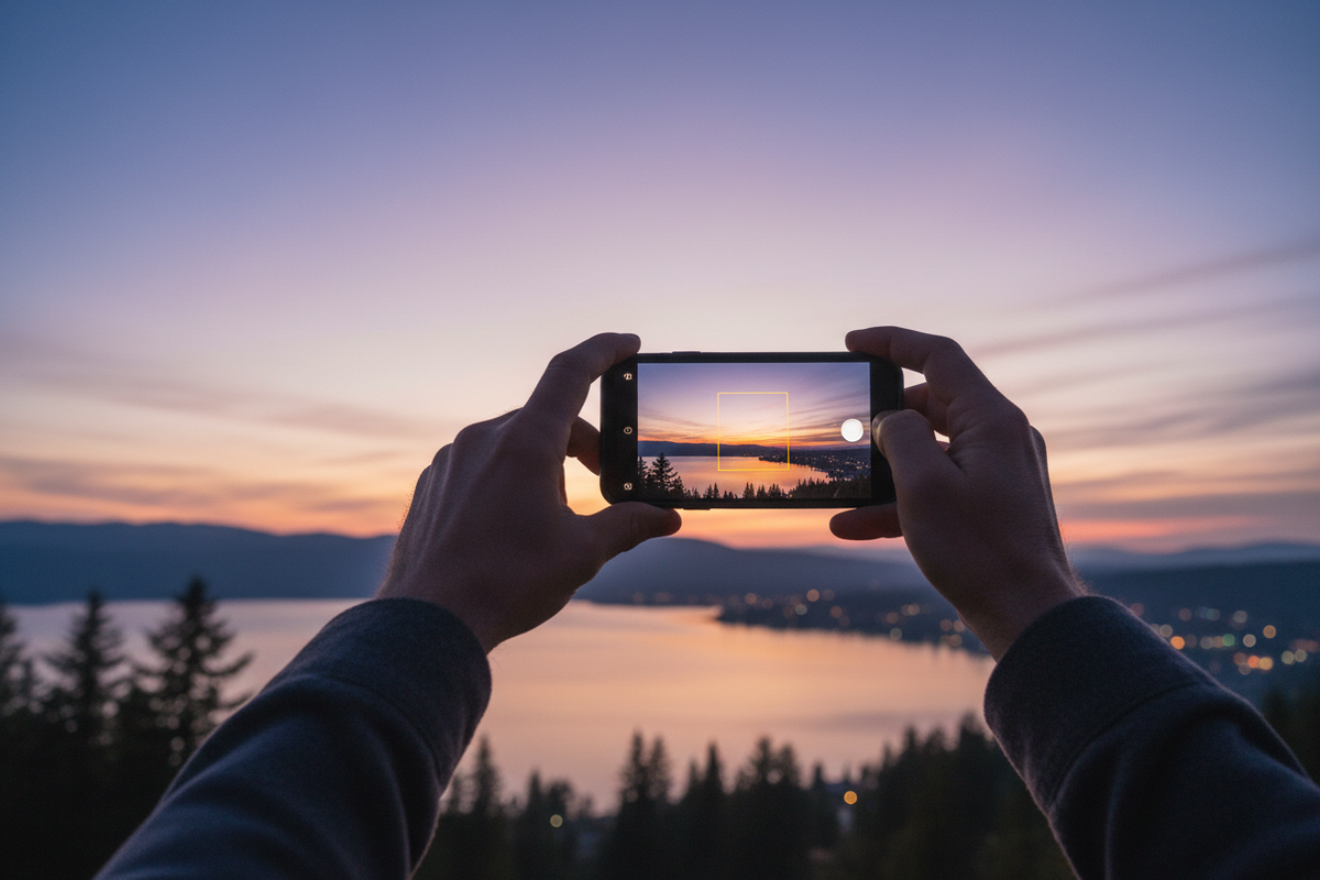photo montrant les bras d'un adulte avec son téléphone qui prend une photo de la vue devant lui. la vue c'est le crépuscule 